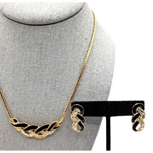 Vintage Trifari Jewelry Set Gold Tone Black Enamel & Rhinestone Necklace & Earri